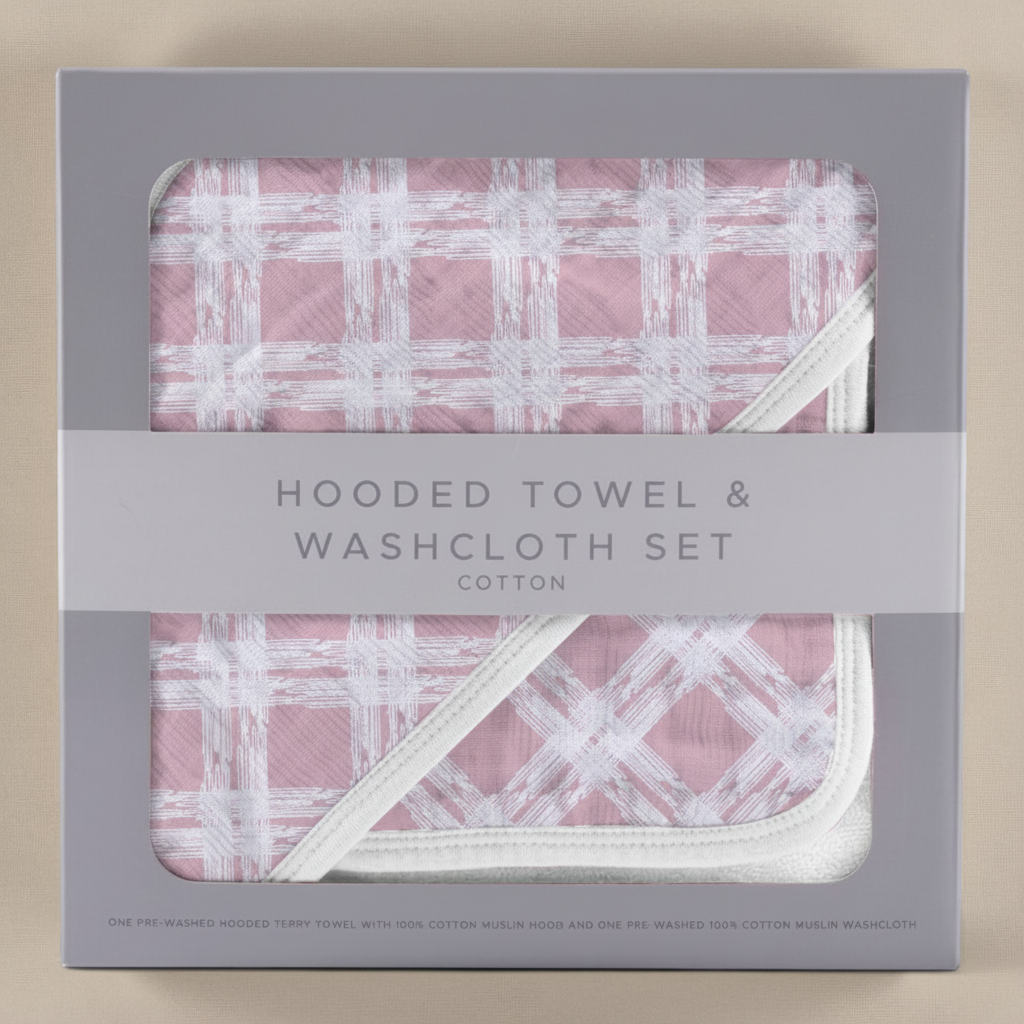 Cotton Hooded Towel – Pink Plaid Baby Bath Essentials with Soft Washcloth Set