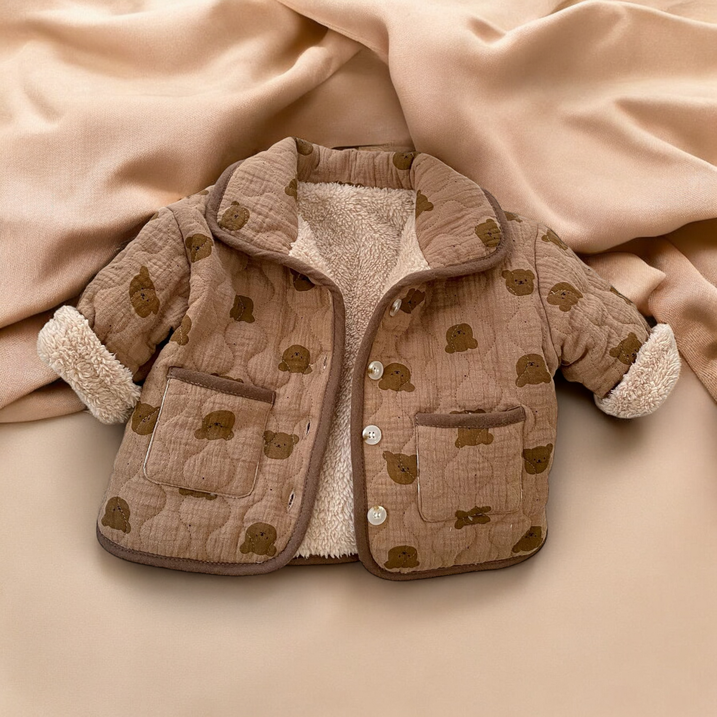 Quilted Baby Coat – Soft Cotton Bear Graphic Jacket for Cozy Winter Wear