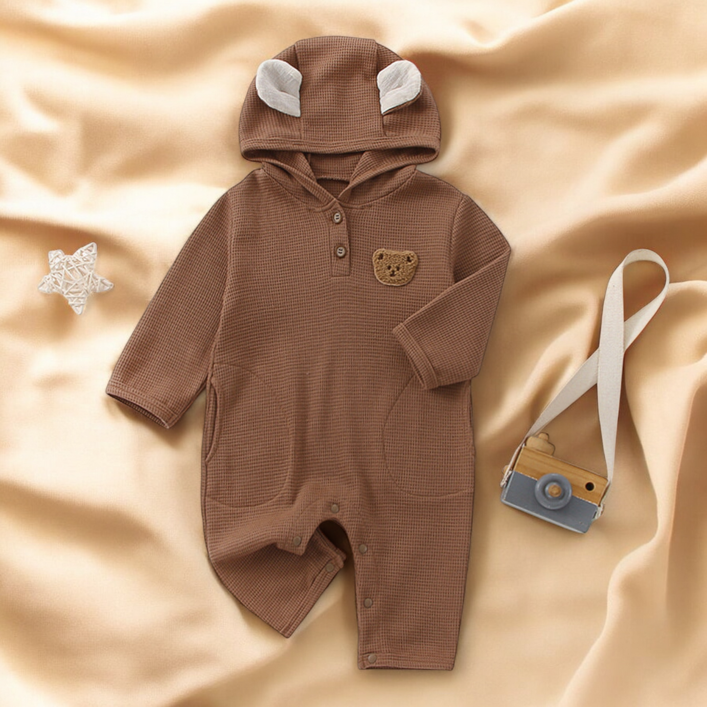 Baby Waffle Romper – Soft Cotton Long Sleeve Cartoon Bear Embroidered Outfit
