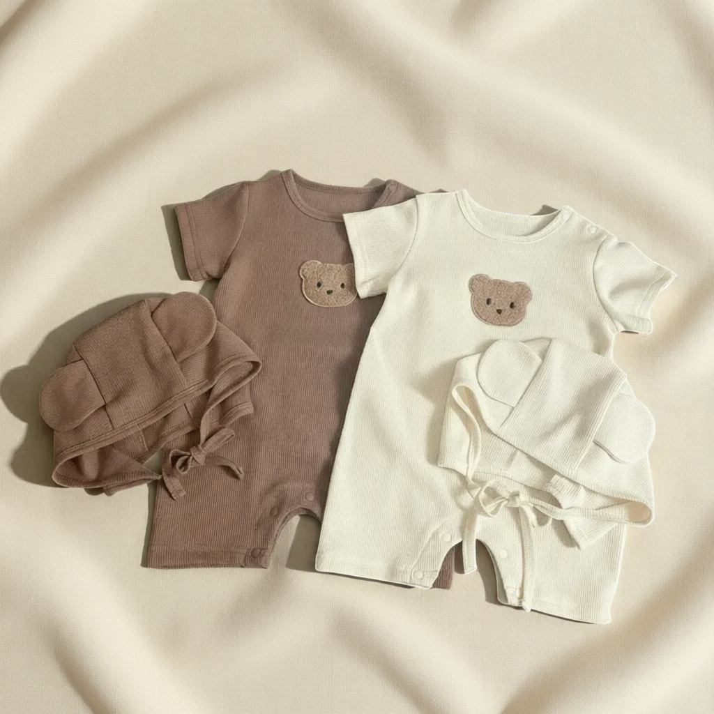 A set of baby clothing items, including a romper, a hat, and a bib, arranged on a light-colored fabric.