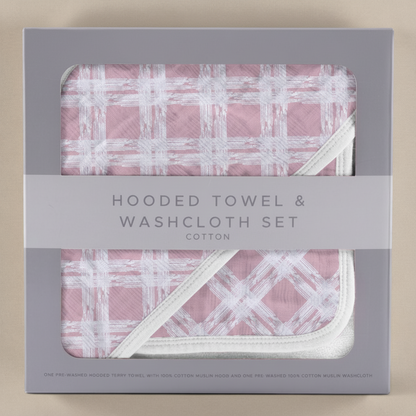 Cotton Hooded Towel – Pink Plaid Baby Bath Essentials with Soft Washcloth Set