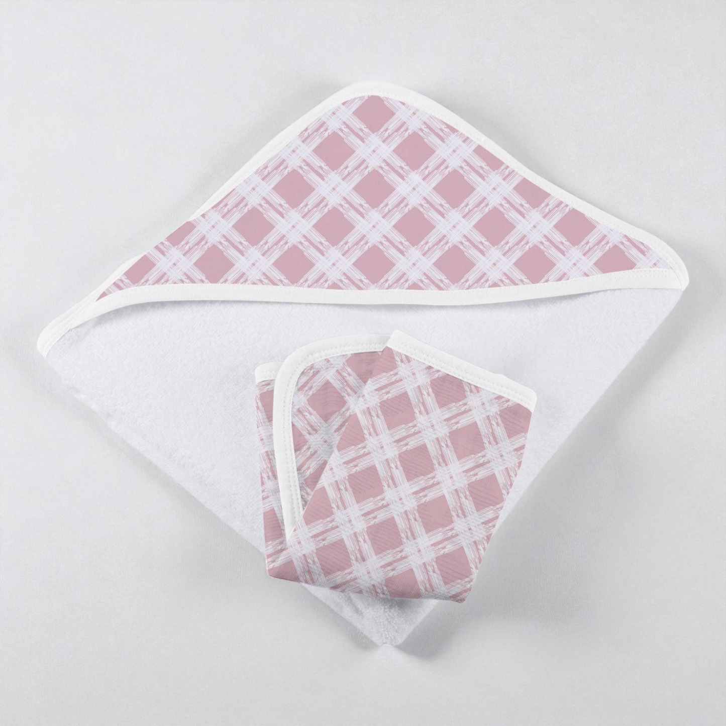 Cotton Hooded Towel – Pink Plaid Baby Bath Essentials with Soft Washcloth Set