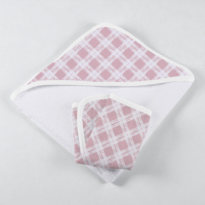 Cotton Hooded Towel – Pink Plaid Baby Bath Essentials with Soft Washcloth Set