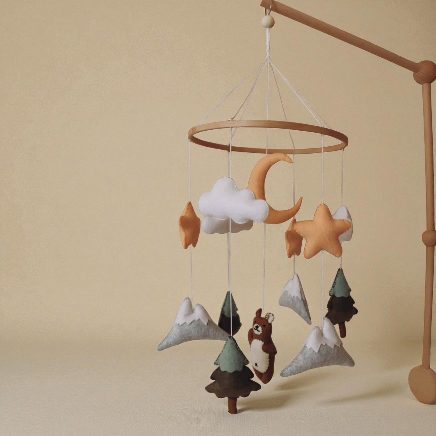 Handmade Brown Bear Mobile – Wooden Baby Mobile with Stars | Nursery Decor