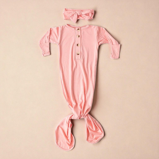 Knotted Baby Gown Set – Soft Modal Sleepwear With No Scratch Mittens & Hat