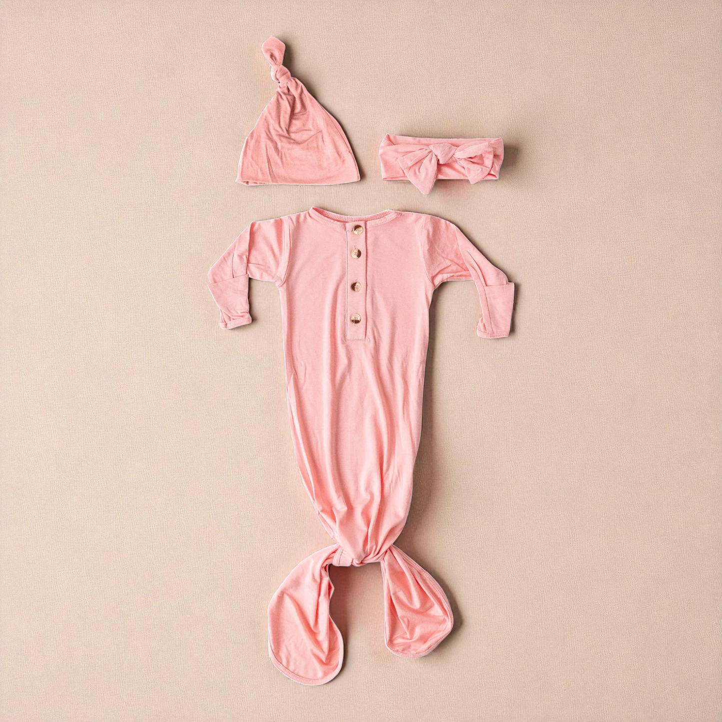 Knotted Baby Gown Set – Soft Modal Sleepwear With No Scratch Mittens & Hat