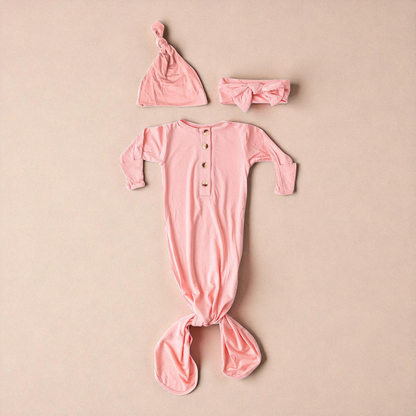 Knotted Baby Gown Set – Soft Modal Sleepwear With No Scratch Mittens & Hat