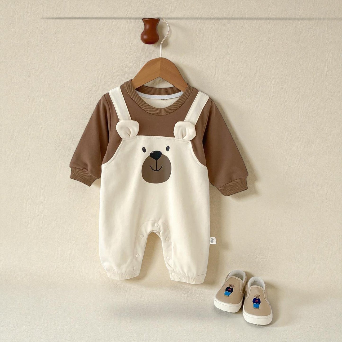 Baby Unisex Rompers - Soft Cotton Long Sleeve Teddy Bear Patchwork Outfit