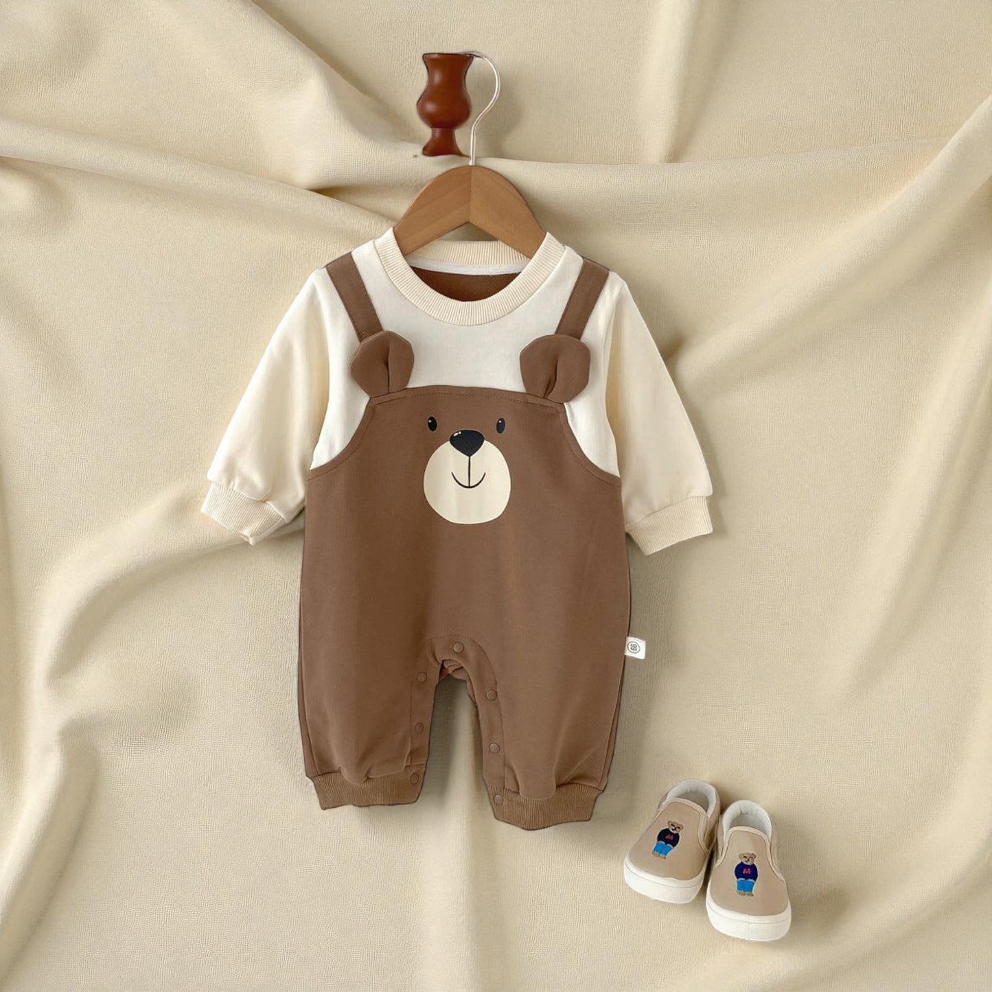 Baby Unisex Rompers - Soft Cotton Long Sleeve Teddy Bear Patchwork Outfit