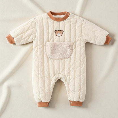 Baby Thickened Rompers – Unisex Teddy Pattern Infant Warm Romper Suit