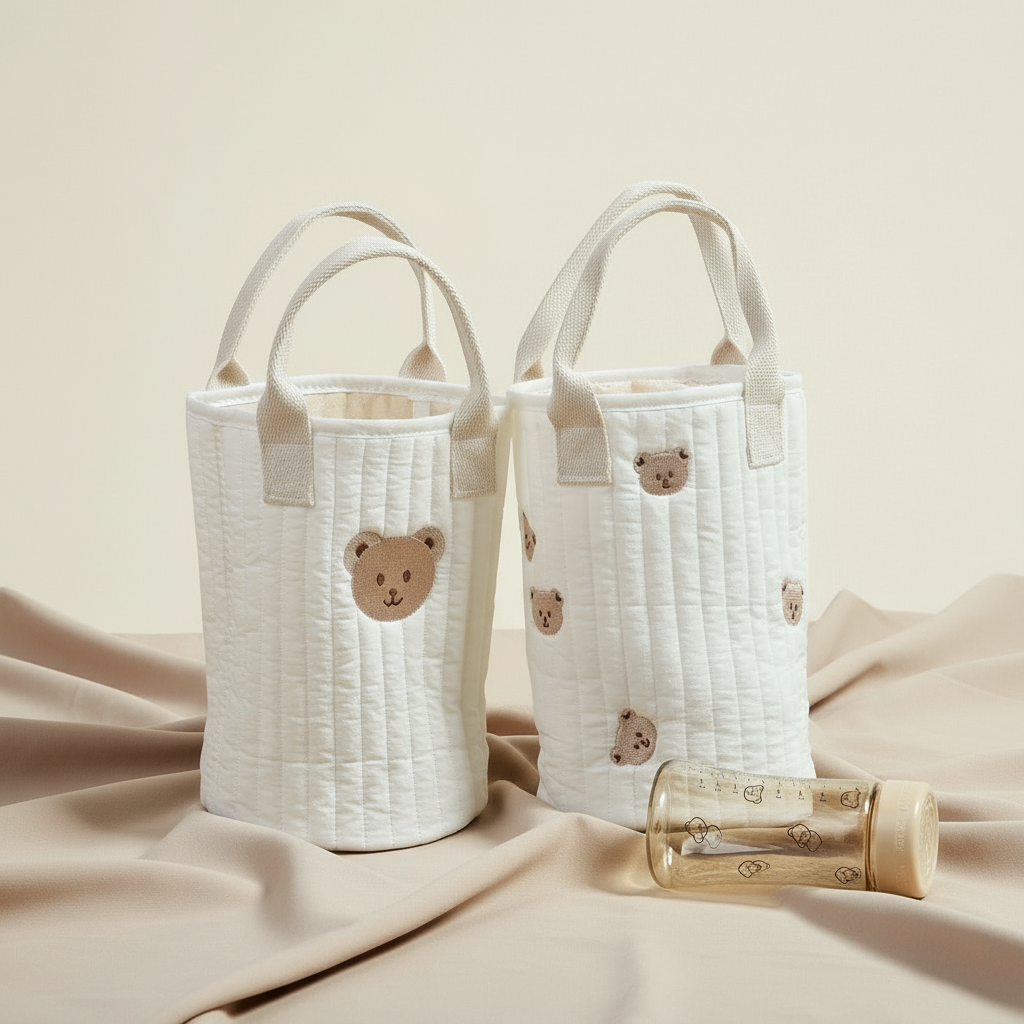 Baby Bottle Storage Bag – Embroidered Cotton Baby Bag With Adjustable Strap