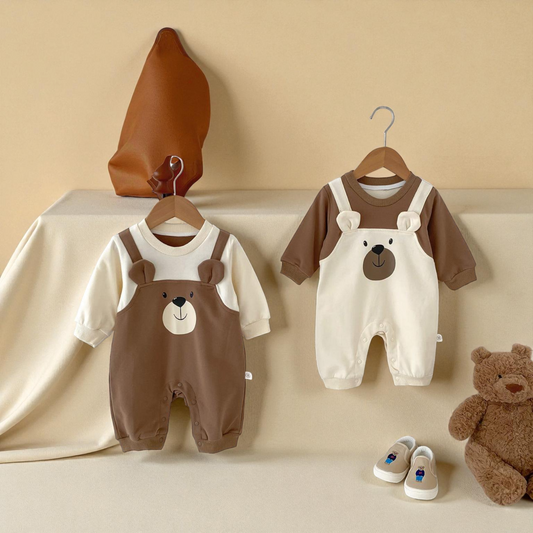 Baby Unisex Rompers - Soft Cotton Long Sleeve Teddy Bear Patchwork Outfit