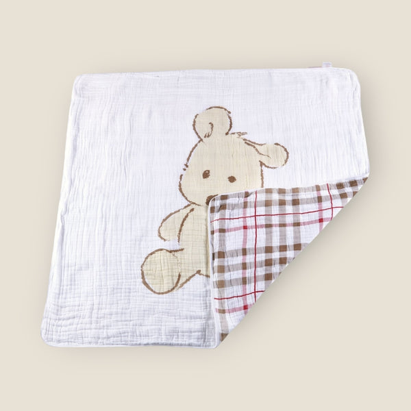 Cotton Muslin Blanket – Four Layer Muslin Throw With Teddy Bear Plaid Design