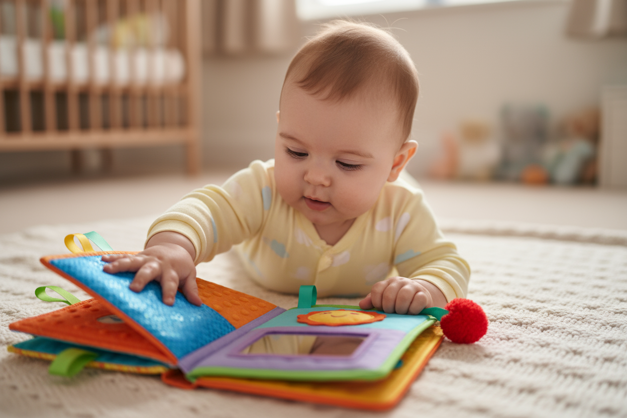 baby öaying on stomach reading a sensory book