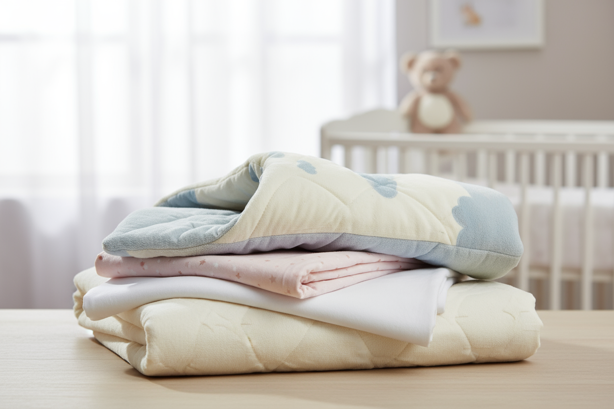 baby duvets folded on top each other and sheets 