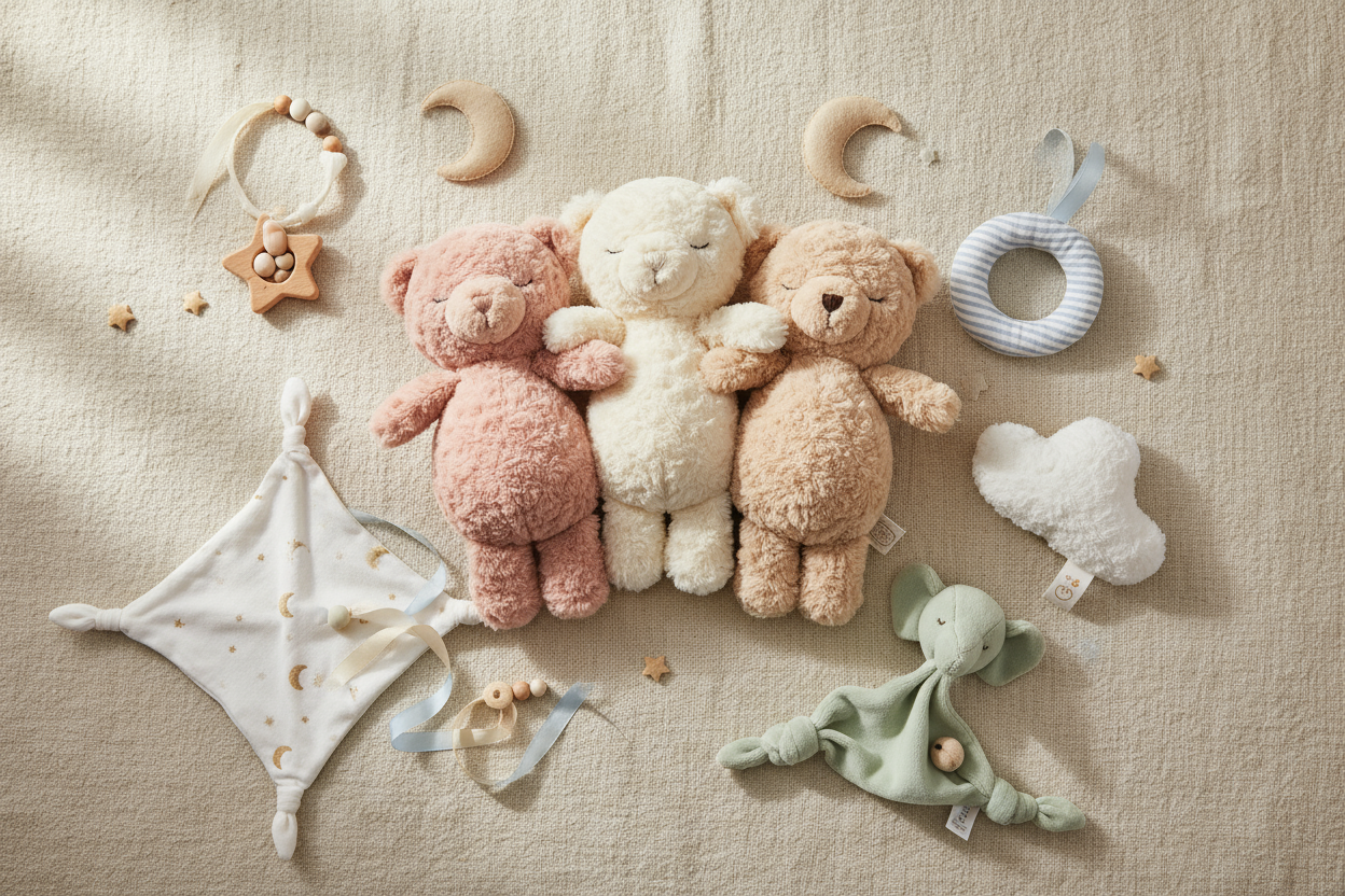 baby plush bears and gentle rattles and comfort toys