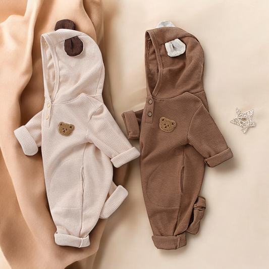 Baby Waffle Romper – Soft Cotton Long Sleeve Cartoon Bear Embroidered Outfit