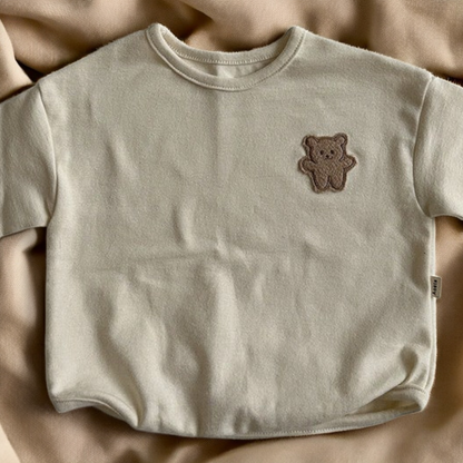 Baby Cotton Shirt – Soft Breathable Tee With Cartoon Bear Patch & Dot Pattern