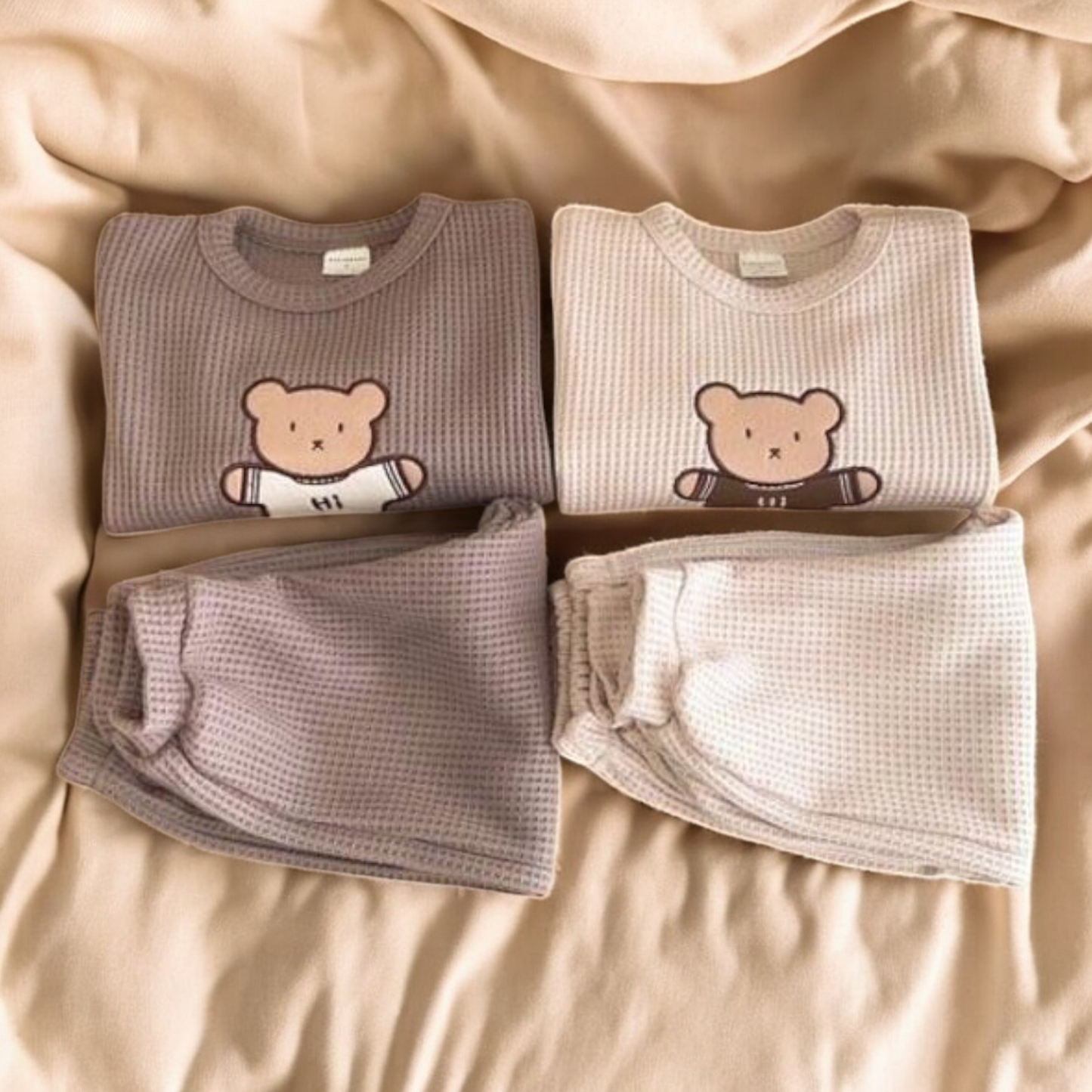 Baby Hoodies Set – Cartoon Bear Hoodie in Soft Cotton Waffle Fabric Outfit