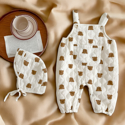 Baby Quilted Jumpsuit – Cartoon Bear Sleeveless Romper With Cute Hat