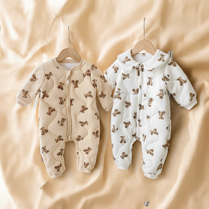 Baby Winter Rompers - Thickened Quilted Cartoon Bear Romper, Soft Cotton Cozy Outfit