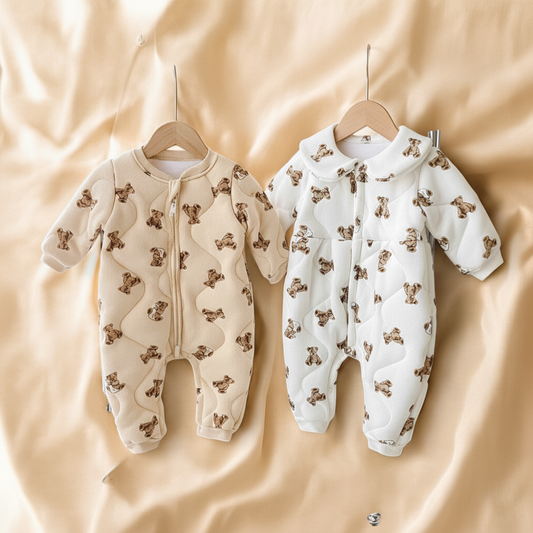 Baby Winter Rompers - Thickened Quilted Cartoon Bear Romper, Soft Cotton Cozy Outfit