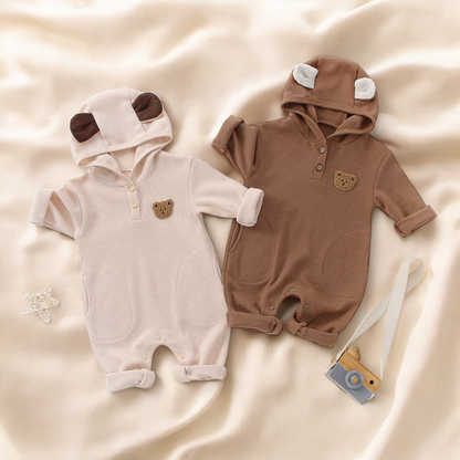 Baby Waffle Romper – Soft Cotton Long Sleeve Cartoon Bear Embroidered Outfit