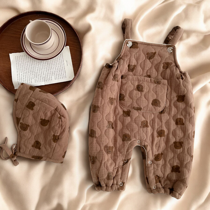 Baby Quilted Jumpsuit – Cartoon Bear Sleeveless Romper With Cute Hat