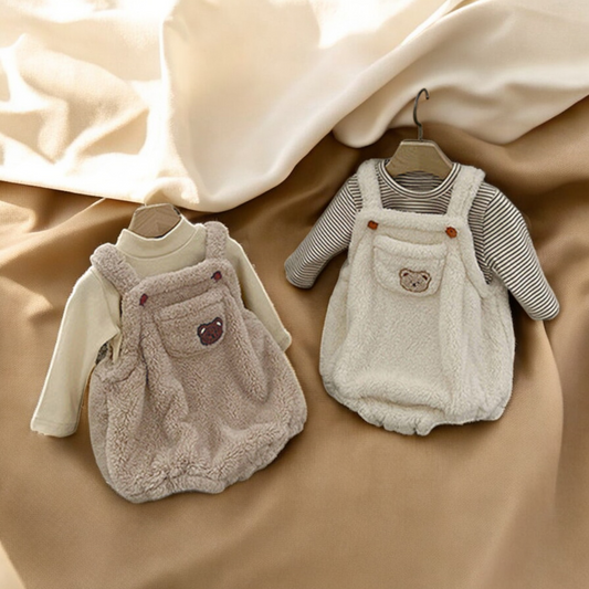 Baby Sleeveless Onesie - Plush Bear Patch Romper With Snap Button Closures