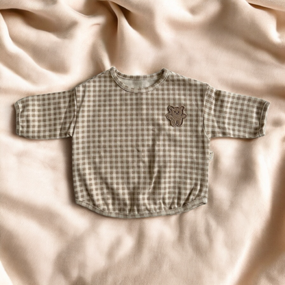 Baby Cotton Shirt – Soft Breathable Tee With Cartoon Bear Patch & Dot Pattern