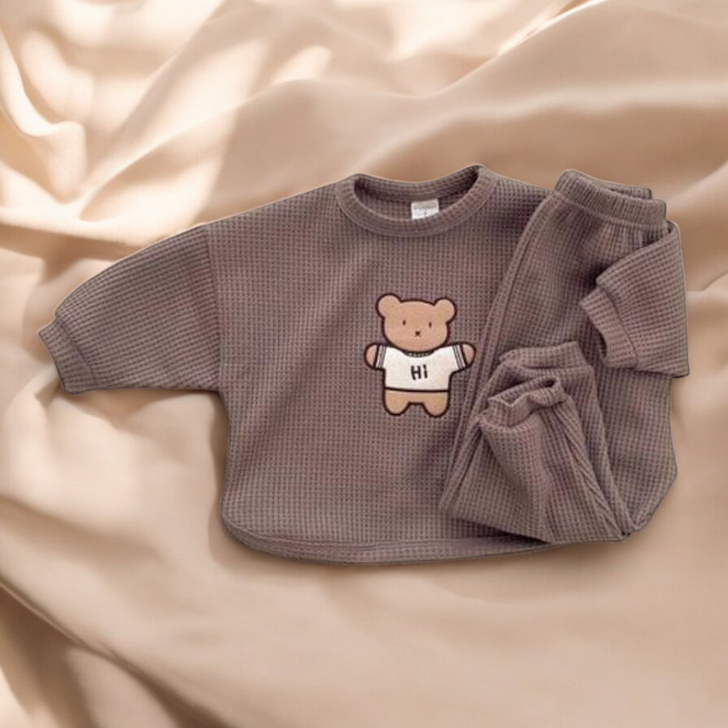 Baby Hoodies Set – Cartoon Bear Hoodie in Soft Cotton Waffle Fabric Outfit