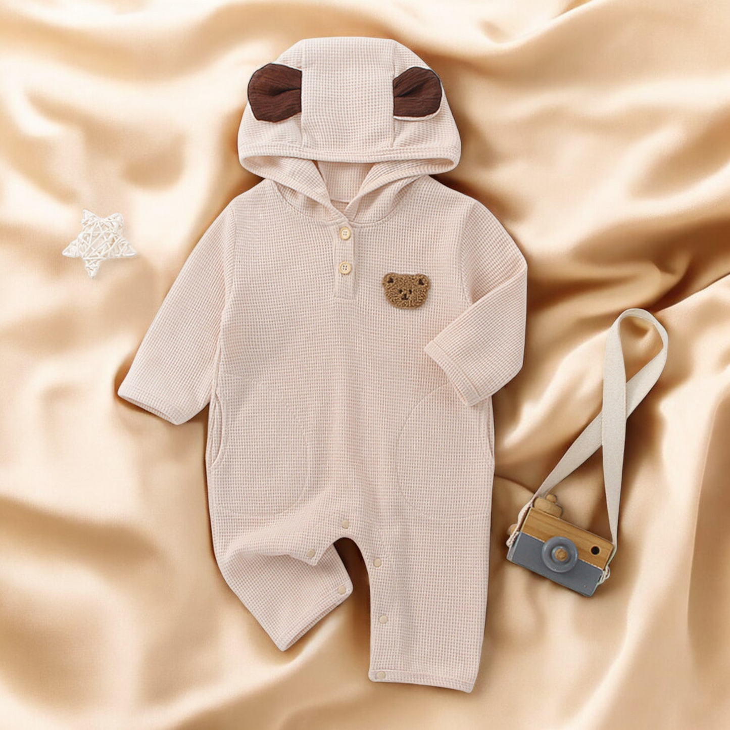 Baby Waffle Romper – Soft Cotton Long Sleeve Cartoon Bear Embroidered Outfit
