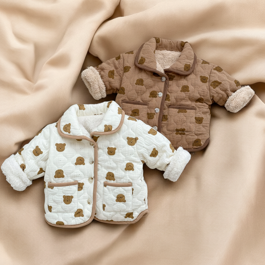 Quilted Baby Coat – Soft Cotton Bear Graphic Jacket for Cozy Winter Wear