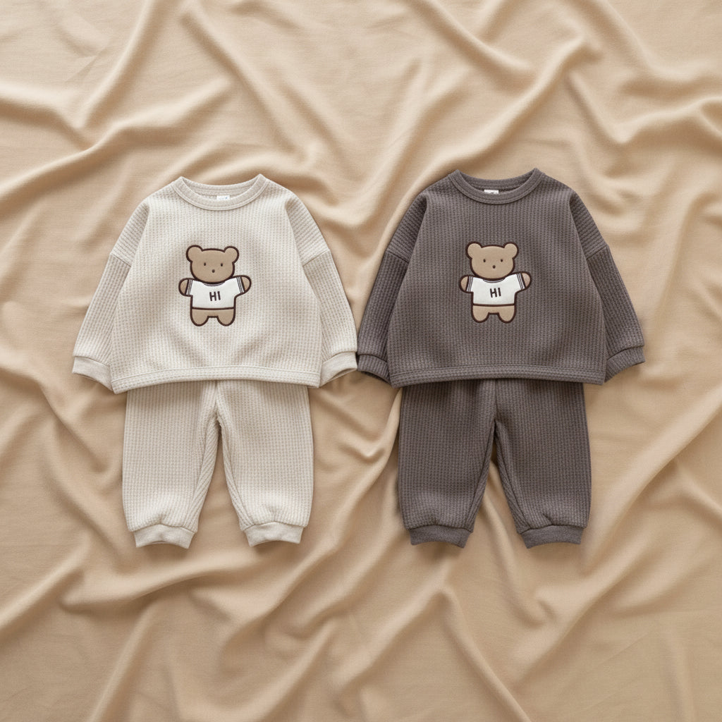 Baby Hoodies Set – Cartoon Bear Hoodie in Soft Cotton Waffle Fabric Outfit