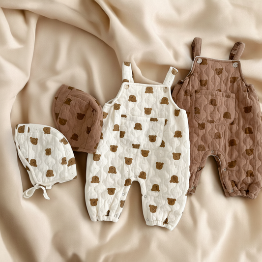 Baby Quilted Jumpsuit – Cartoon Bear Sleeveless Romper With Cute Hat